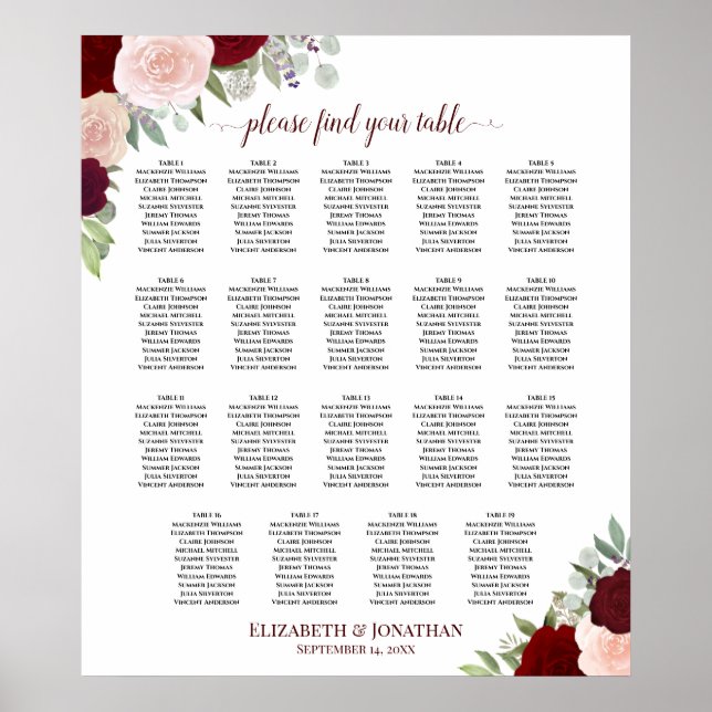 Póster 19 Tabla de asientos con motivos florales en rojo  (Frente)
