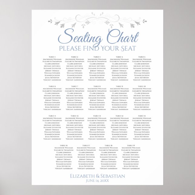 Póster 19 Tabla de asientos Elegantes de Boda Azul y Gris (Frente)