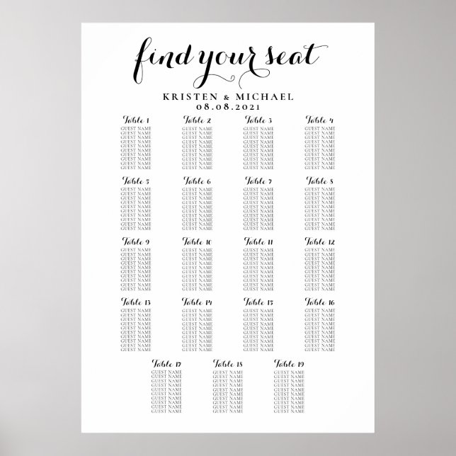 Póster 19 Tabla de asientos para invitados grandes Bodas (Frente)
