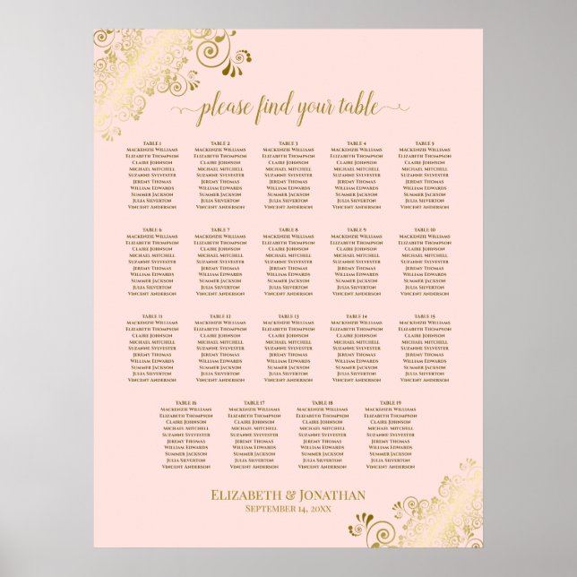 Póster 19 Table Blush Pink & Gold Wedding Seating Chart (Frente)