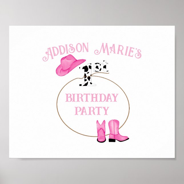 Póster 1.ª Fiesta de cumpleaños, niña de rodeo rosa y bla (Frente)