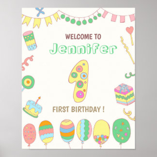Póster 1.ᵉʳ cumpleaños. Globos número 1.