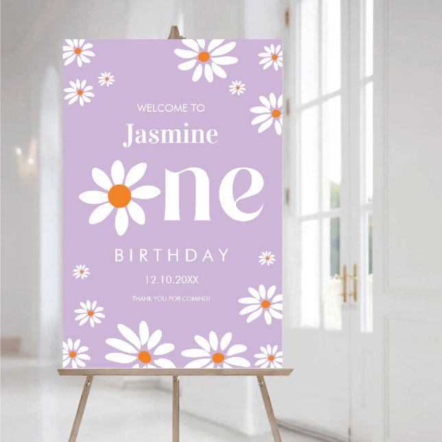Póster 1.ᵉʳ cumpleaños Lavender Groovy Daisy Florals bien (1st Birthday Lavender Groovy Daisy Florals welcome Poster)
