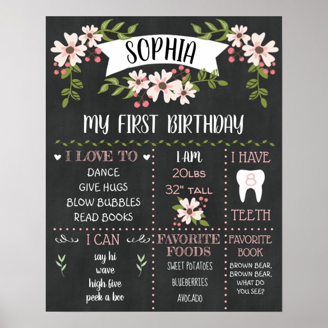 Póster 1.ᵉʳ Poster del hito de cumpleaños Rustic Chalkboa (Frente)