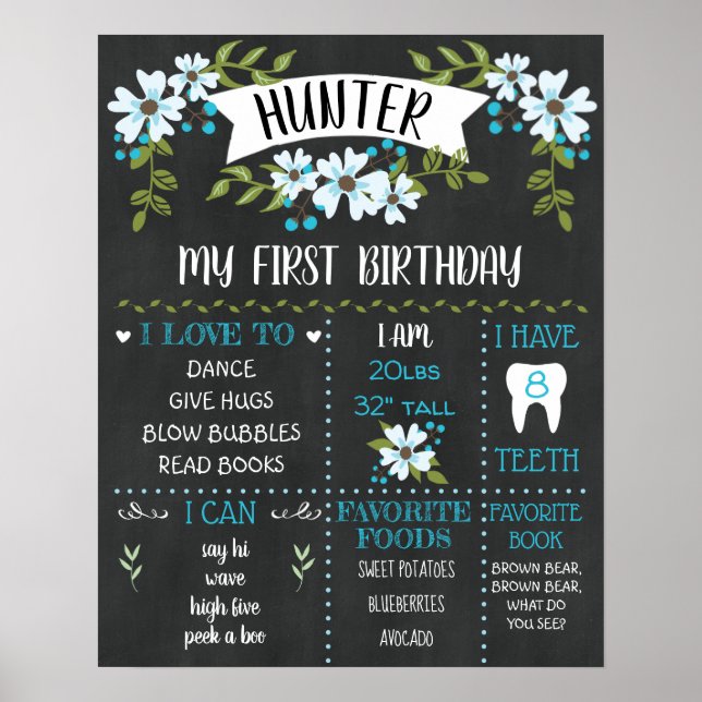 Póster 1.ᵉʳ Poster del hito de cumpleaños Rustic Chalkboa (Frente)