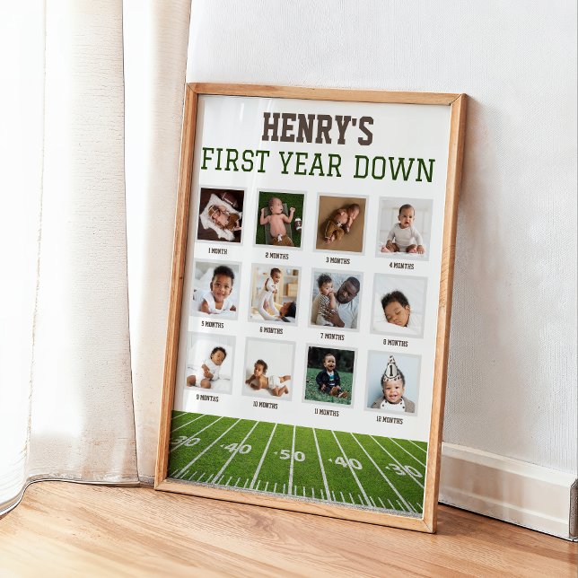 Póster 1.ᵉʳ Rótulo fotográfico de cumpleaños | Primer año (First Year Down Milestone Poster Football 1st Birthday Sign)