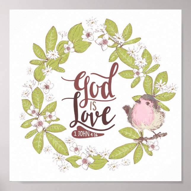 Póster 1 Juan 4:16 Dios es amor Floral Wreath con pájaro (Frente)