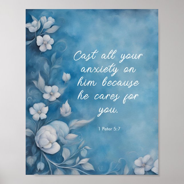 Póster 1 Peter 5:7 “Cast All Your Anxiety” Blue Floral (Frente)