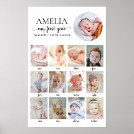 Póster 1st Birthday Baby Milestone 12 Months Custom Photo