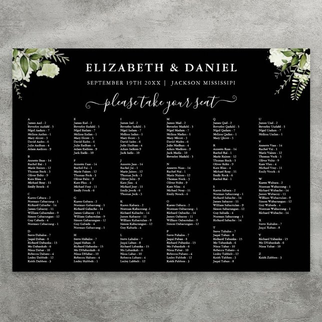 Póster 200 Nombres Rótulo de la tabla de asientos del Bod (200 Names Greenery Wedding Seating Chart Sign)