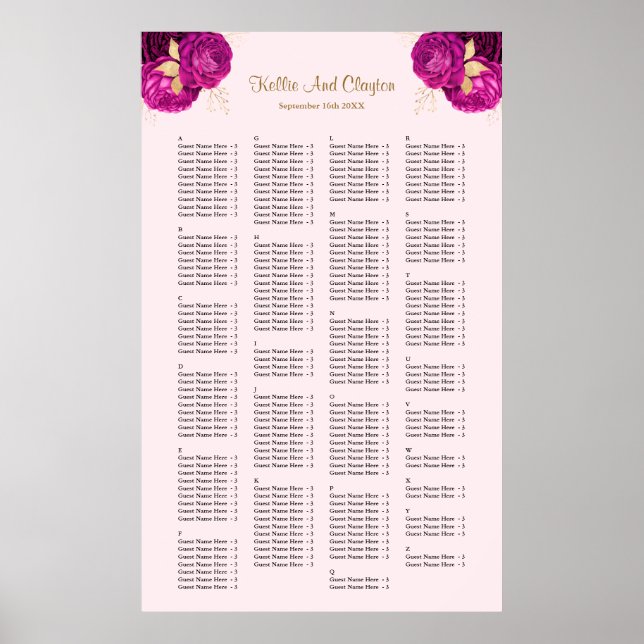 Póster 200 Pink And Gold Floral Wedding Seating Chart (Frente)