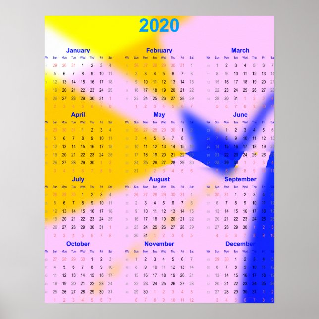 Póster 2020 Año de calendario para casa y oficina. (Frente)