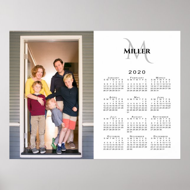 Póster 2020 Personalizado del calendario Nombre del monog (Frente)