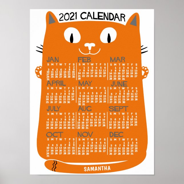 Póster 2021 Año Calendario Mensual Gato Naranja de mitad  (Frente)