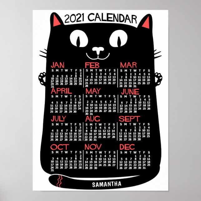 Póster 2021 Año Calendario Mensual Gato negro de mediados (Frente)