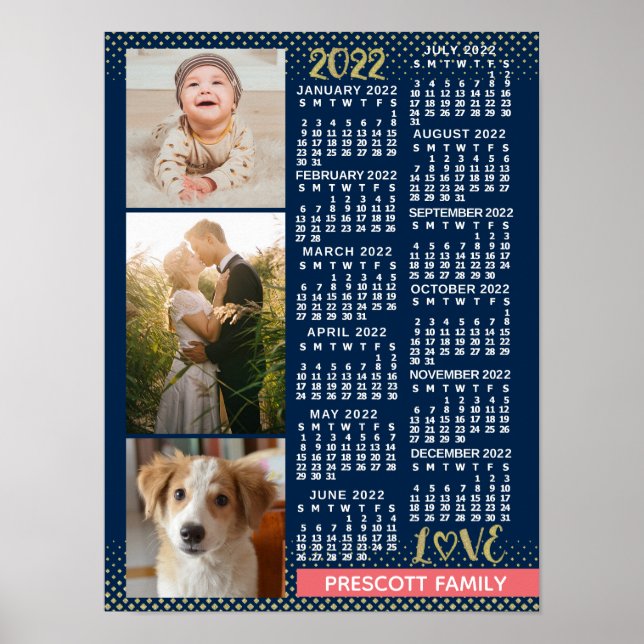 Póster 2022 Calendar Navy Coral Gold Family Photo Collage (Frente)