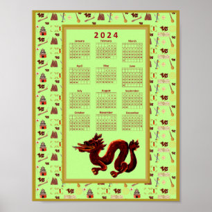 Póster 2024 Año Calendario del Dragón Suerte Música