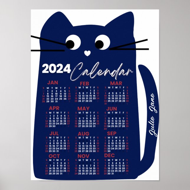 Póster 2024 Año Calendario Mensual Gato Azul De Mediados  (Frente)
