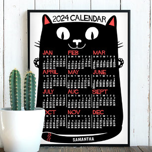 Póster 2024 Año Calendario Mensual Gato negro de mediados