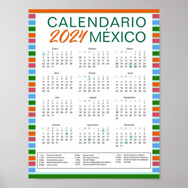 Póster 2024 Calendario Mexicano Español |  Descargar Pdf (Frente)