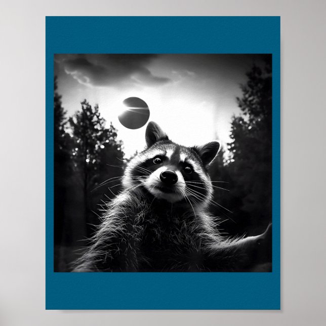 Póster 2024 Eclipse Solar Divertido Selfie Mapache Eclips (Frente)