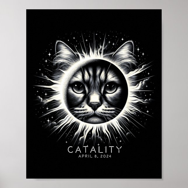 Póster 2024 Eclipse Total Solar Divertido Gato Catality C (Frente)