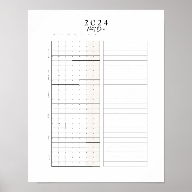 Póster 2024 Enero - Junio Poster de pared del calendario  (Frente)