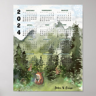 Póster 2024 Poster de Bosques de Acuarela de Calendario M