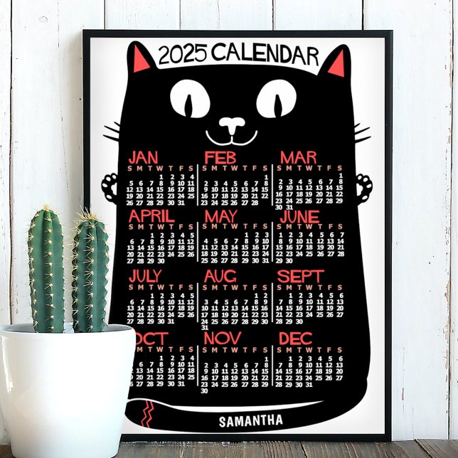 Póster 2025 Año Calendario Mensual Gato negro de mediados (Subido por el creador)