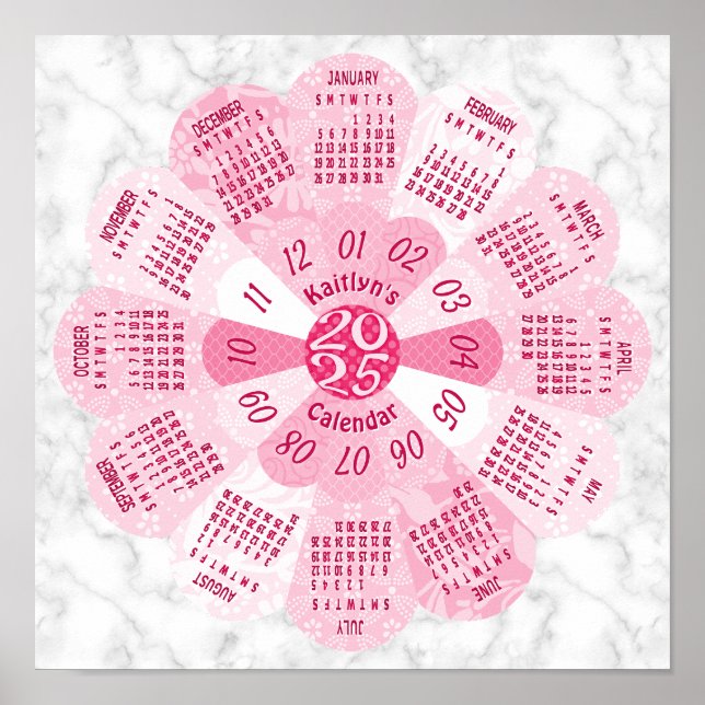 Póster 2025 Calendario Personalizado de Flor Rosa Boho re (Frente)
