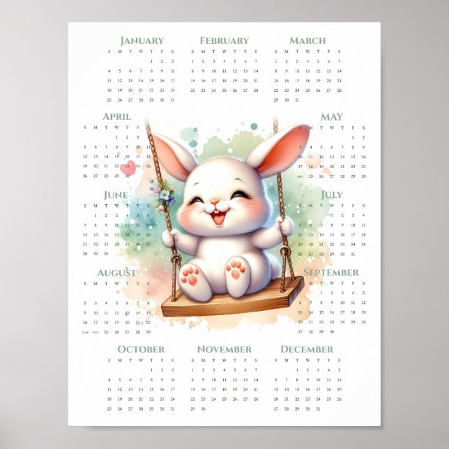 Póster 2026 1-Page Calendar Cute Bunny on Swing Whimsical (Frente)