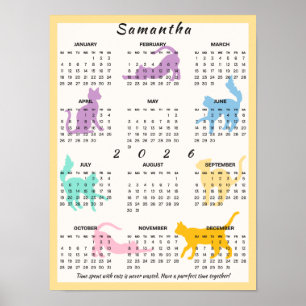 Póster 2026 Años Calendario Mensual Pastel Pastel Gato Ju