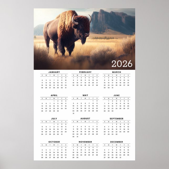 Póster 2026 Bison & Mountain Landscape Calendar (Frente)
