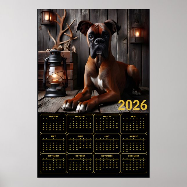 Póster 2026 Boxer Dog Calendar – Rustic Cabin Portrait (Frente)