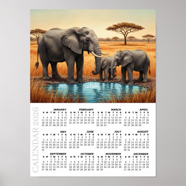 Póster 2026 Calendar, African Elephans, Safari, Africa (Frente)