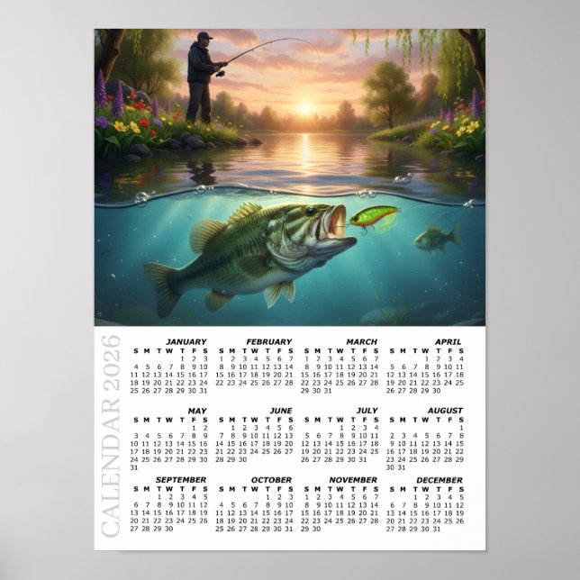 Póster 2026 Calendar, Bass Fishing, Spring River / Fish (Frente)