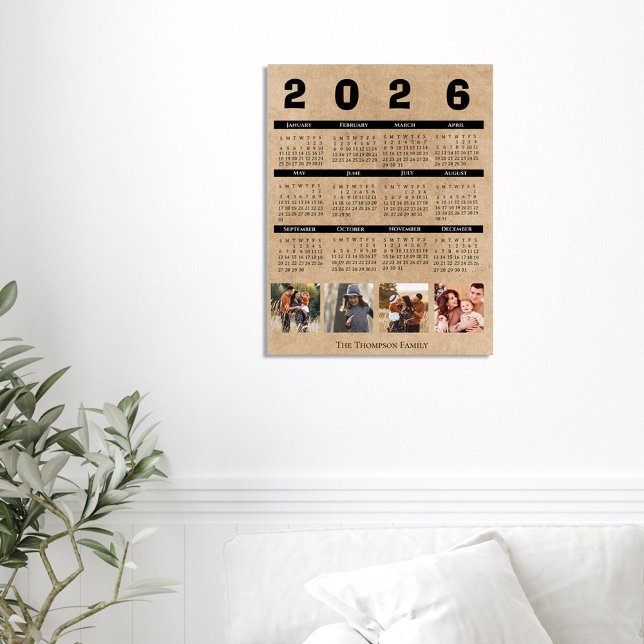 Póster 2026 Calendar Family Photo Collage Rustic Kraft (2026 Calendar Family Photo Collage Rustic Kraft Poster)