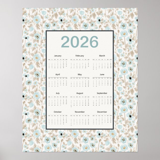 Póster 2026 Calendar Full Year Blue Cream Poppies (Frente)