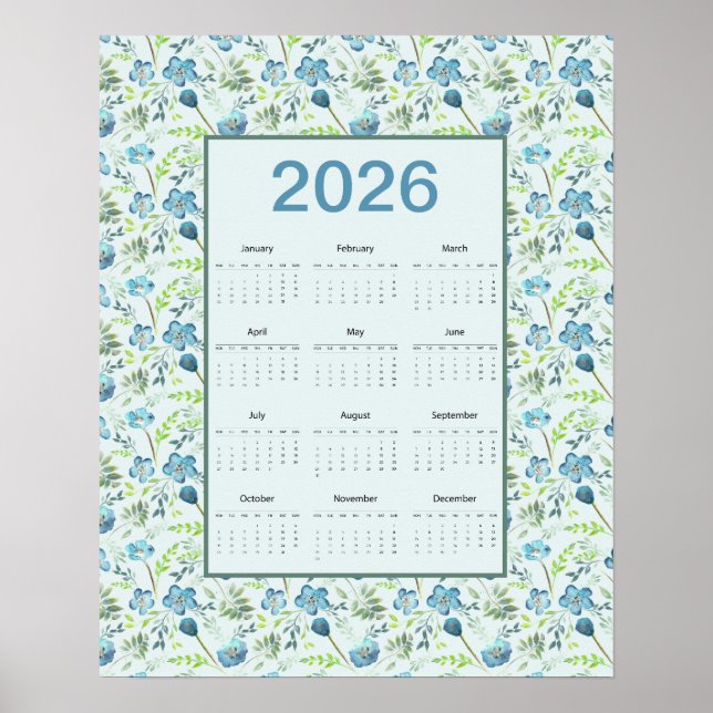 Póster 2026 Calendar Full Year Blue Floral (Frente)