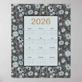 Póster 2026 Calendar Full Year Blue Gray Poppies