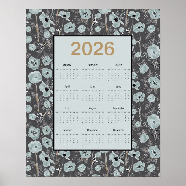 Póster 2026 Calendar Full Year Blue Gray Poppies (Frente)