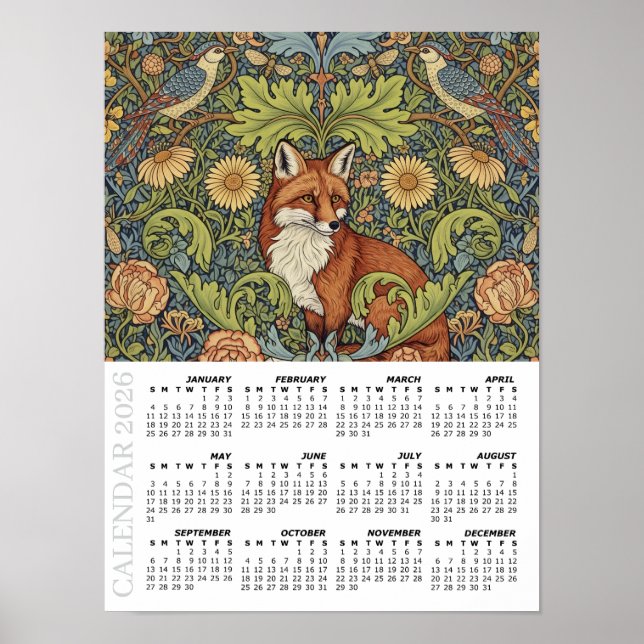 Póster 2026 Calendar, Garden Fox, Hoopoe, William Morris (Frente)