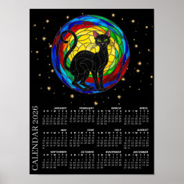 Póster 2026 Calendar, Vintage Black Cat, Colorful Mosaic