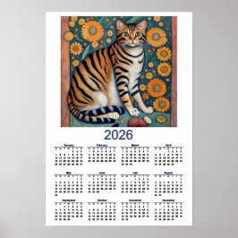Póster 2026 Calendar with Tabby Cat Folk Art