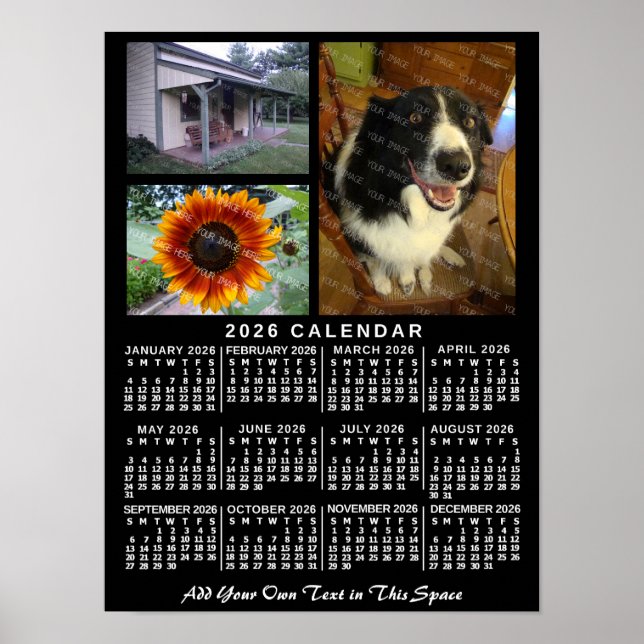 Póster 2026 Calendar Year Black Custom 3 Photos Monthly (Frente)
