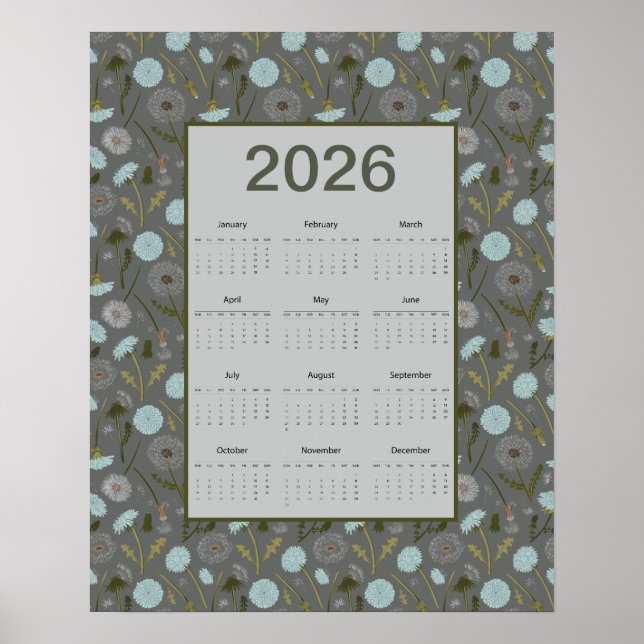Póster 2026 Full Year Calendar Gray Blue Dandelion (Frente)