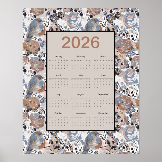 Póster 2026 Full Year Floral Bluebird Calendar (Frente)