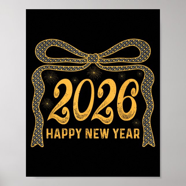 Póster 2026 Happy New Year Bow Fireworks Celebration Desi (Frente)
