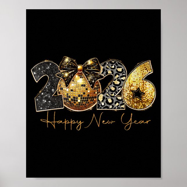 Póster 2026 Happy New Year Gold Disco Leopard Bow Coquett (Frente)