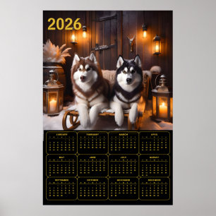 Póster 2026 Huskies Siberianos en Calendario de Trineo